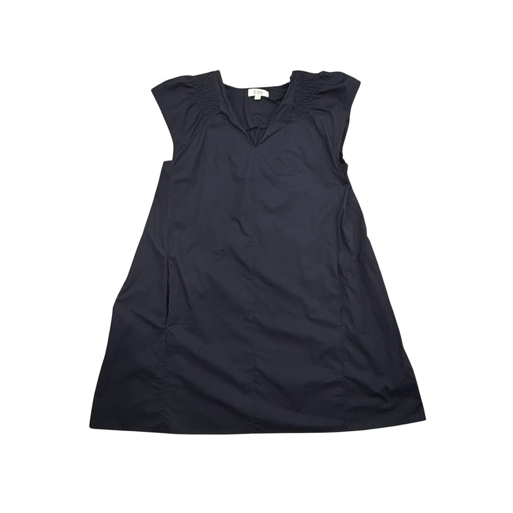 COS Smocked Mini Dress Womens 40 Medium Navy Blue V-Neck Cap Sleeve Cotton Blend